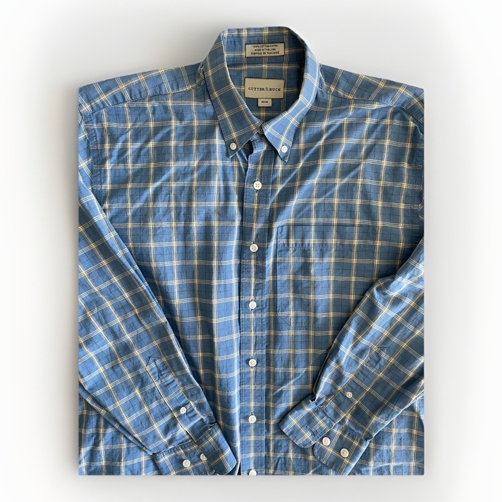 Cutter & Buck Mens Medium Blue Plaid Button Down Shirt Long Sleeve Cotton Golf